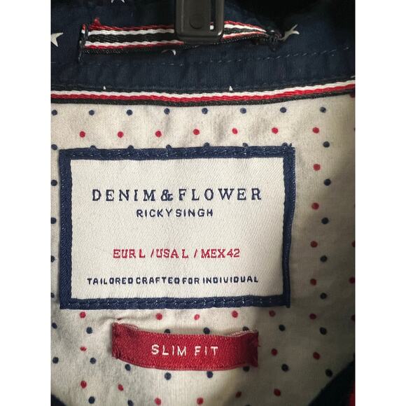 Denim & Flower by Ricky Singh Red White BLue Stars Shirt Button Down Casual L - Picture 6 of 6